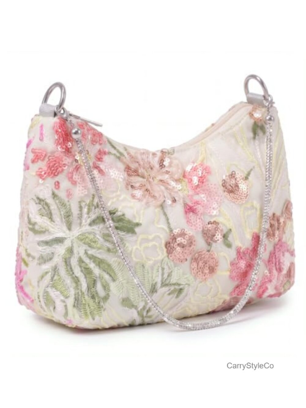 Embroidered Floral Sequin Beaded Evening Shoulder Bag Chain Strap